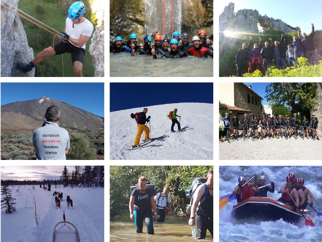 Collage fra OLTC-træningsmiljøer: klatring, canyoning, randonnée, cykling, hundeslæde, trekking og rafting
