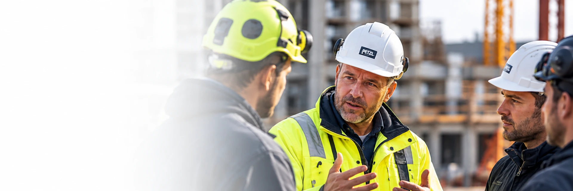 Formand i refleksvest og hjelm i dialog med sit hold på en byggeplads