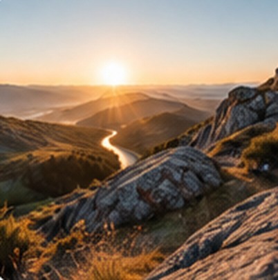Bjerglandskab med snoet vej i solnedgang